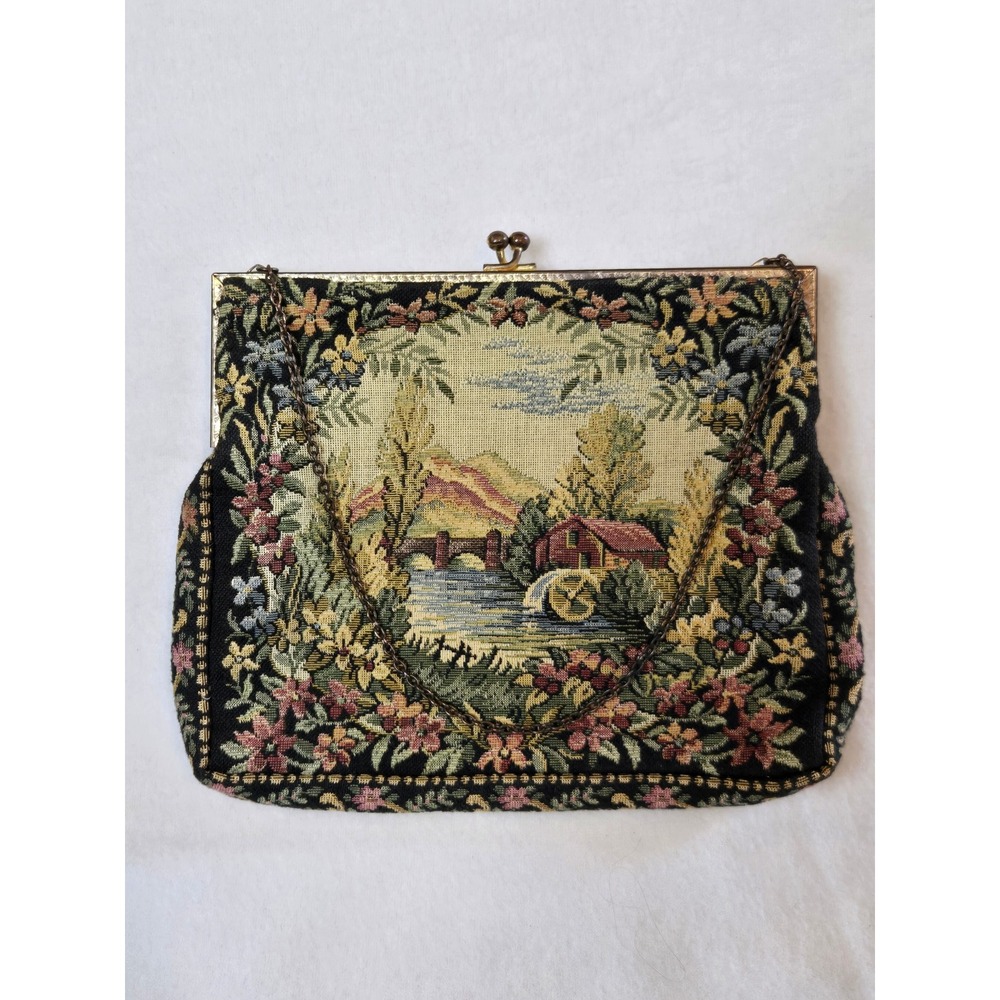 Vintage Made in France Tapestry Floral Landscape Kiss Lock Evening Bag Clutch